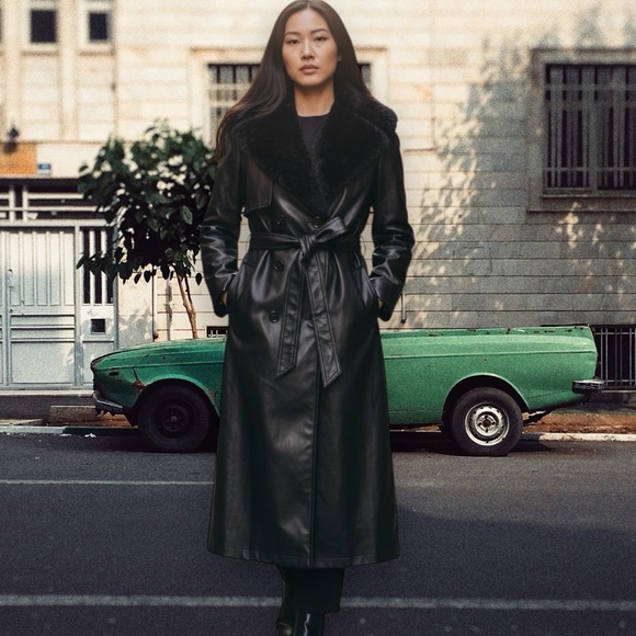 Vintage style SHEIN Black Faux Leather Long Trench Coat with Shearling Collar - Picture 5 of 17